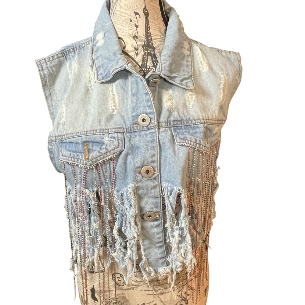 Distressed Denim Vest with Fringe